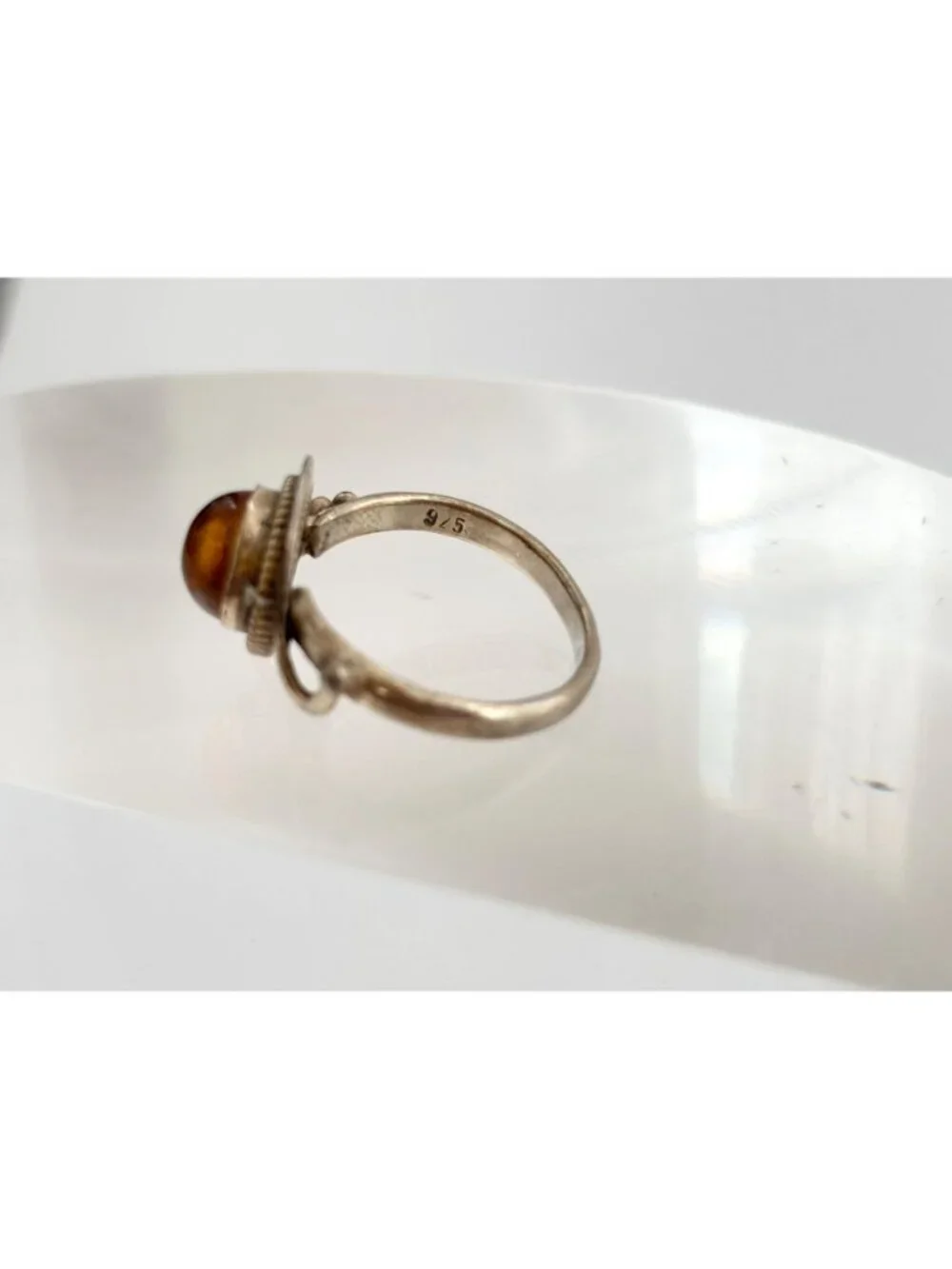 Balinese Inspired Butterscotch Amber Sterling Silver 925 Vintage Ring - sz 7